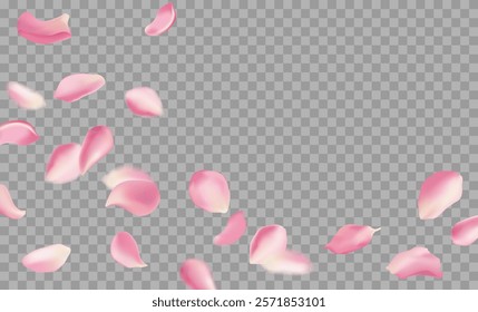 Red rose and cherry blossom falling sakura petals on fake transparent background, isolated special effect. Vector illustration in eps format. Elements for Valentine's Day, Mother's Day, March 8. Love.