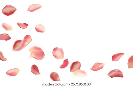 Red rose and cherry blossom falling sakura petals on fake transparent background, isolated special effect. Vector illustration in eps format. Elements for Valentine's Day, Mother's Day, March 8. Love.