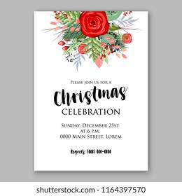 Red Rose Christmas party invitation flyer poster winter floral vector background bridal shower baby shower christening baptism birthday card anniversary poinsettia fir pine winter holiday wreath