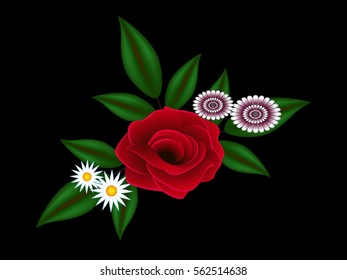 Red rose with daisies on a black background.