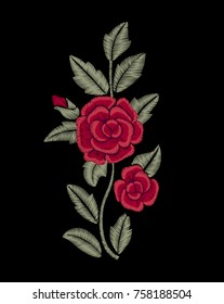 Red rose. Embroidered flower. Branch of a rose.