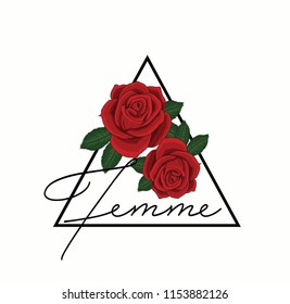 red rose embroidery femme printable t shirt design fashion trend typography slogan with red roses illustration