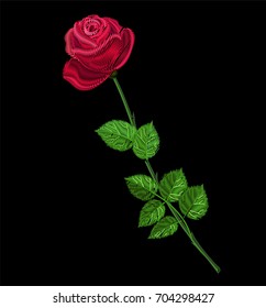 Red rose embroidery. Flower on a long stem.