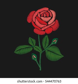 Red Rose Embroidery On Black Background. 