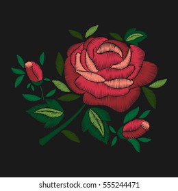 Red Rose Embroidery On Black Background. Bouqet Of Rose And Two Rosebuds.