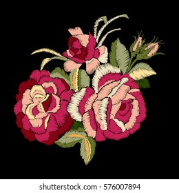Red rose embroidery on black background. Satin stitch imitation, vector.