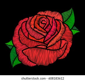 Red rose embroidery on black background.