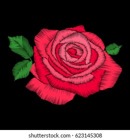 Red rose embroidery on black background. Satin stitch imitation, vector.