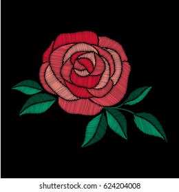 Red rose embroidery on black background. Satin stitch imitation, vector.