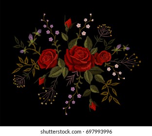 Red rose embroidery on black background. Satin stitch imitation fashion decoration patch necklace. Texture flower small herbs little delicate violet bud vintage ornament vector illustration