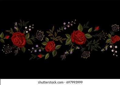 Red rose embroidery on black background. Satin stitch imitation fashion decoration border necklace. Texture flower small herbs little delicate violet bud vintage ornament vector illustration