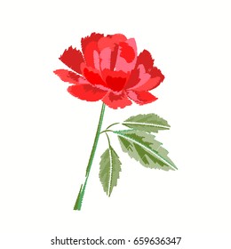 Red Rose embroidery on white background. Floral Embroidered Pattern for Fabric Patch. Vector illustration
