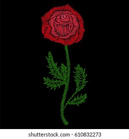 Red rose embroidery stitch on black background