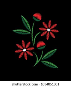Red Rose Embroidery Vector on Black Background