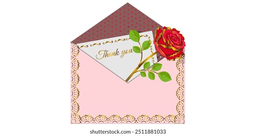 Red Rose Envelope With Thank You Calligraphy Vector Illustration.