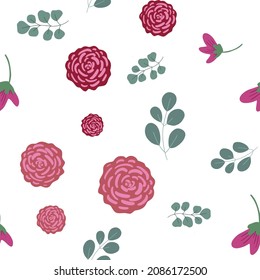 Rojo rosa y hojas de eucalipto patrón ininterrumpido sobre fondo blanco