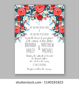 Red rose fir pine branch winter wreath floral wedding invitation vector template Christmas party invitation floral ornament deco vector invitation