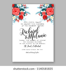 Red rose fir pine branch winter wreath floral wedding invitation vector template Christmas party invitation floral ornament deco vector invitation