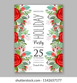 Red rose fir pine branch greenery vector flower for winter holiday invitation card template