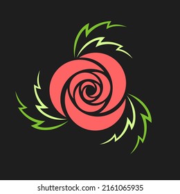 Red rose flat illustration. Stylized flower with green leaves on black background. Best for web, print, logo creating and branding design.