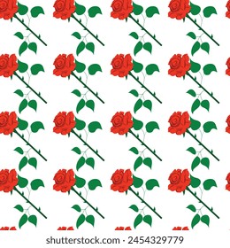 Red rose in flat style. Simple seamless pattern.