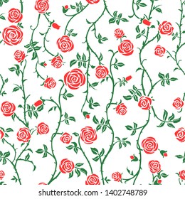 Red rose floral seamless pattern with climbing curly flower, green leaf and thorn. Cute beautiful red on white background, vector. Gothic, summer garden, rustic fence style. Elegant hand drawn texture