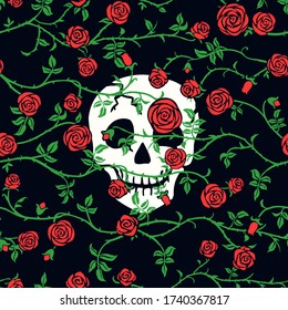 Red rose floral seamless pattern with climbing curly flower, green leaf and skull or cranium. Gothic beautiful dark Death's head background. Romantic fairy style. Elegant vector hand drawn texture