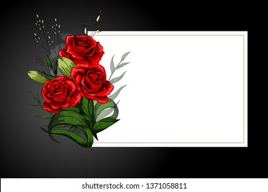 Red rose flower bouquet on white frame with black border. Save the date, sympathy, condolences or strict style postcard vector template.