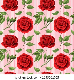 Red rose flower bouquet spreads leaves vector seamless pattern. Happy mother day, womens day, girls birthday, Valentines day. Gift box paper, wallpaper or linen design
