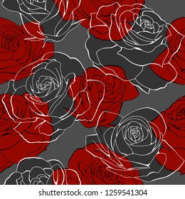 Red rose flower bouquets contour elements vector seamless pattern on gray and dark. Happy mother day, womens day, girls birthday, Valentines day. Gift box paper, textile, linen, dress print design