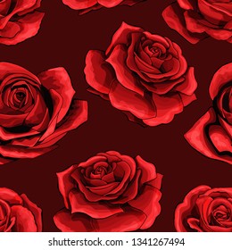 Red rose flower bouquets contour elements vector seamless pattern on maroon background. Happy mother day, womens day, girls birthday, Valentines day. Gift box paper, textile, linen, dress print design