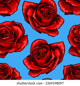 Red rose flower bouquets contour elements vector seamless pattern on blue background. Happy mother day, womens day, girls birthday, Valentines day. Gift box paper, textile, linen, dress print design