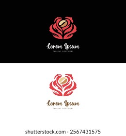 Red Rose Flower with Coffee Bean for Cafe Bistro or Herbal Beverage Drink Logo Design