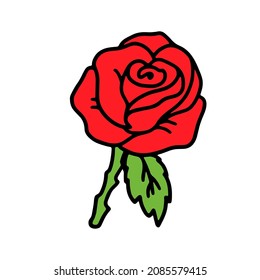 Red rose flower in doodle style. Isolated vector.