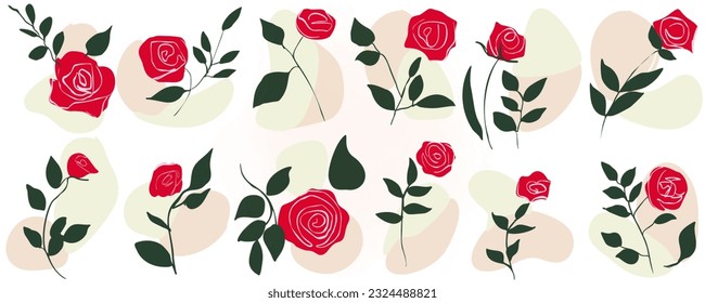 rote Rosenblume mit grünem Blatt, handgezeichnete Formen und doodle Design-Elemente.