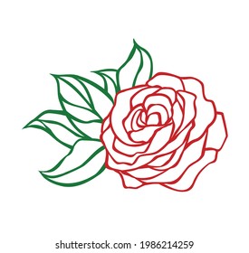 Red rose flower with green leaves vector silhouette drawing.Vinyl wall sticker decal.Plotter laser cutting.Cut file.Stencil tattoo design.Decor.Decoration.Floral beautiful vintage wedding element.Logo