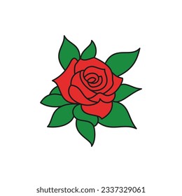 Red rose flower with green lush leaves blossom plant contoured icon for t shirt print vector illustration. Garden blooming botanical floral natural leaf fragrance aroma artistic decor element isolated