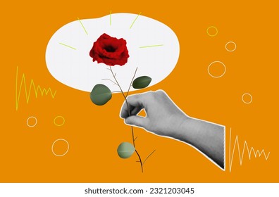 Red rose flower, halftone collage. A woman's hand holds one red rose. Romantic mood, love, gift. Orange banner made from cut pieces of a magazine. Beautiful flower in hand. Contemporary art, vector.