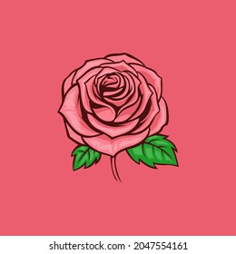 Flor rosa roja. Ilustración de arte de vectores de dibujo a mano aislada sobre fondo rojo. Estilo de tatuaje vintage rosa floral gráfico.