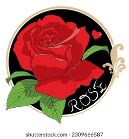 Red rose flower for happy Valentines day postcards. Vector colored elements illustration for tattoo or greeting card and wedding invitation.
