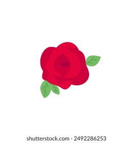 Red rose flower with leaves flat icon. Blossom beautiful plant, floral design element. Vector illustration isolated on white background. Garden rose romantic decoration