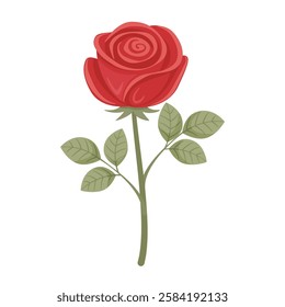 Red Rose Flower with leaves. Hand drawn Trendy flat style isolated icon. Doodle style, Valentines Day love flower. Vector illustration