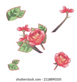 Red rose flower. Old style flower elements. Hong Kong vintage style flower.
