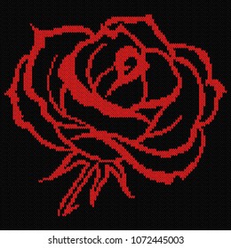 Red Rose flower on the Black Background, knitting vector pattern as a fabric texture