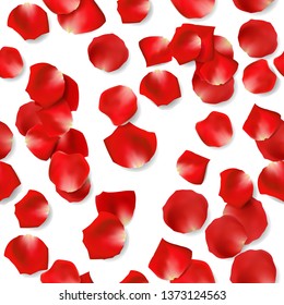 Red rose flower petals on white background. Seamless pattern. Vector illustration.
