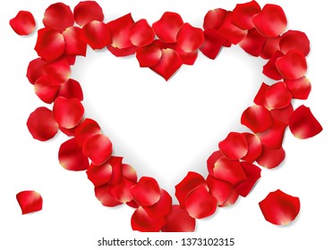 Red rose flower petals in shape of heart on white background