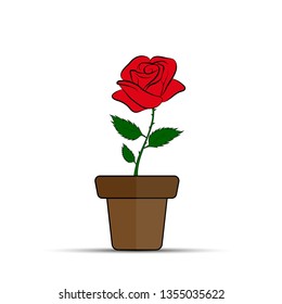 Red rose flower in flower pot, flat design