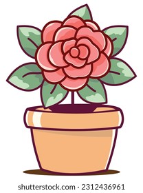 red rose in flower pots, flora in vase isolated on white background, vector illustration 