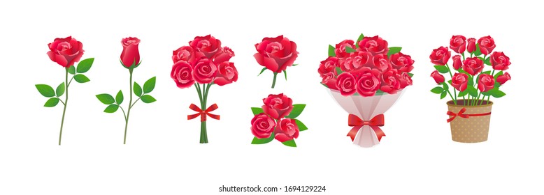 rote Rosenblumenset einzeln auf weißem Hintergrund / Bouquet, Einzelpflanze, Topfpflanzen / für Etiketten, Abzeichen, Symbole, Banner, Menus, Einladung etc.

