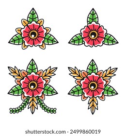 red rose flower tattoo set illustration.collection of beautiful flower and leaf tattoos